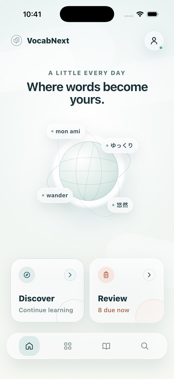 VocabNext Home showing the knowledge globe and Discover and Review actions