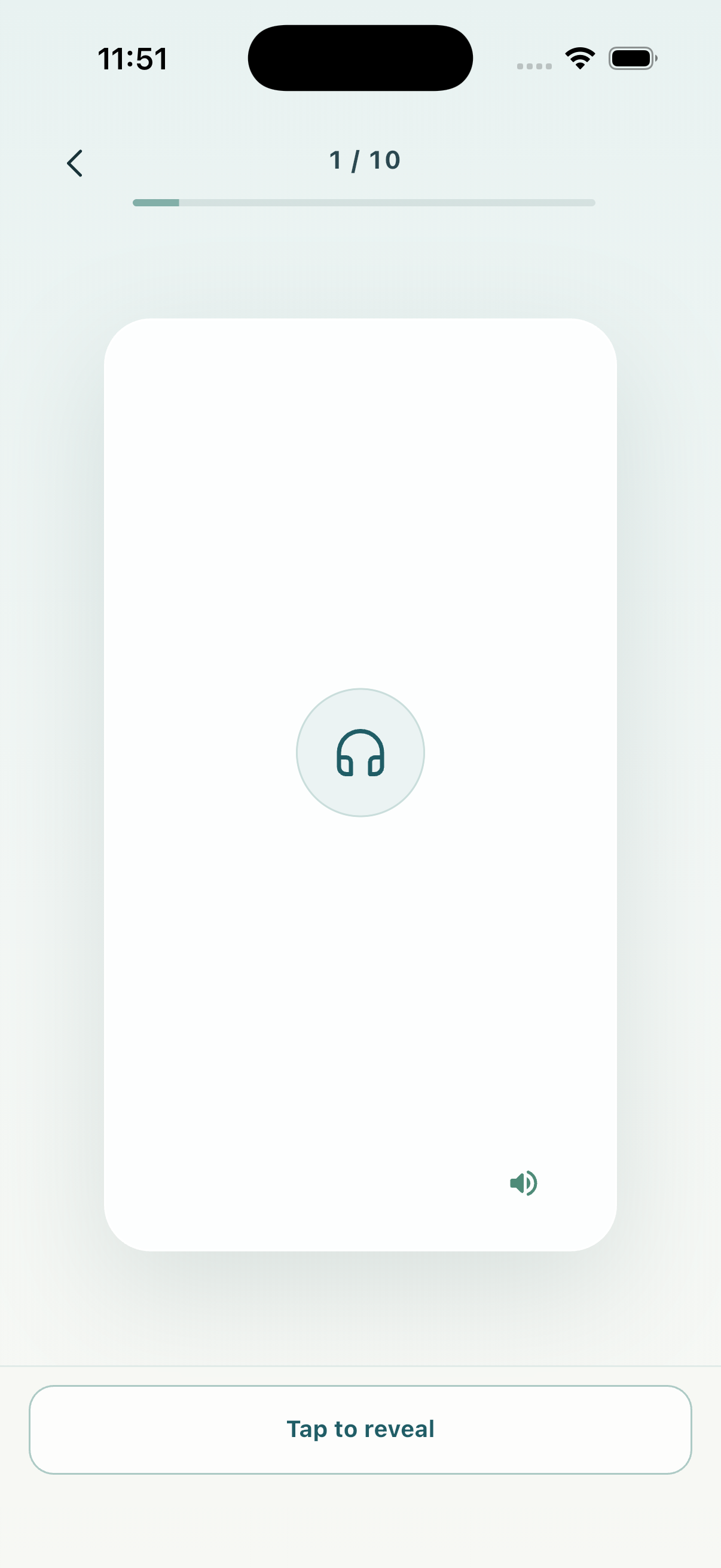 Audio-only page practice showing the first of ten words ready to reveal