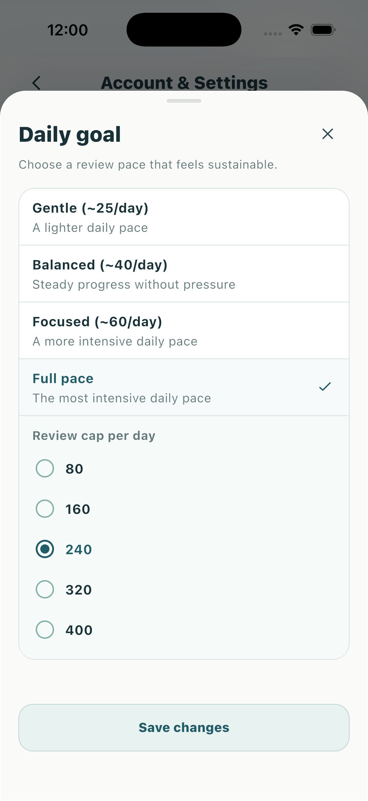 Daily goal settings showing selectable review caps from 80 to 400 reviews per day