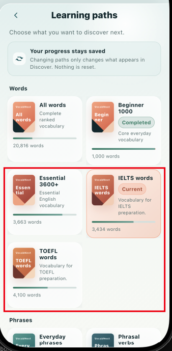 Learning paths showing the Essential 3600+, IELTS, and TOEFL word collections