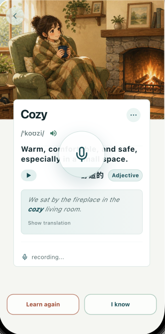 Discover item details showing pronunciation recording in progress