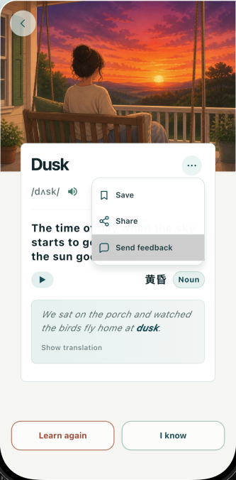 Discover item details menu showing the Send feedback option