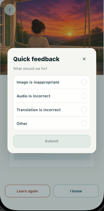 Quick Feedback sheet with issue categories